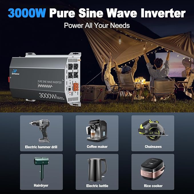 3000 Watt Pure Sine Wave Inverter 12v DC to 110v 120v AC Converter,6000W Peak Power Inverter with 4 AC Outlets,USB Port,Type-C,Remote Control LCD Display for Truck, RV, Vehicles, Solar Off-Grid