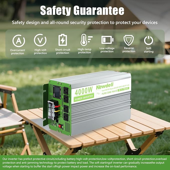 Newdeli 4000 Watt Power Inverter 12V DC to 110V 120V AC Pure Sine Wave Inverter with LCD Display, Remote Controller, 4 AC Outlets and 5V 3.4A USB Port for Vehicles Car Truck RV Solar System Home