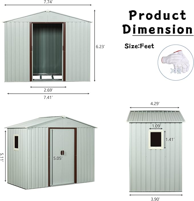 8x4 ft Outdoor Metal Storage Shed with Floor Foundation and Window, Lockable Galvanized Steel Tool Shed with Sliding Door and Air Vent, Waterproof Garden Storage House for Backyard, Patio