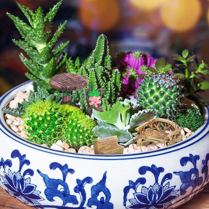 Garneck 10 Pcs Miniature Resin Fairy Garden Furniture Ornaments Rustic Mini Tables and Chairs Bench for Vintage Dollhouse Accessories Home Micro Landscape