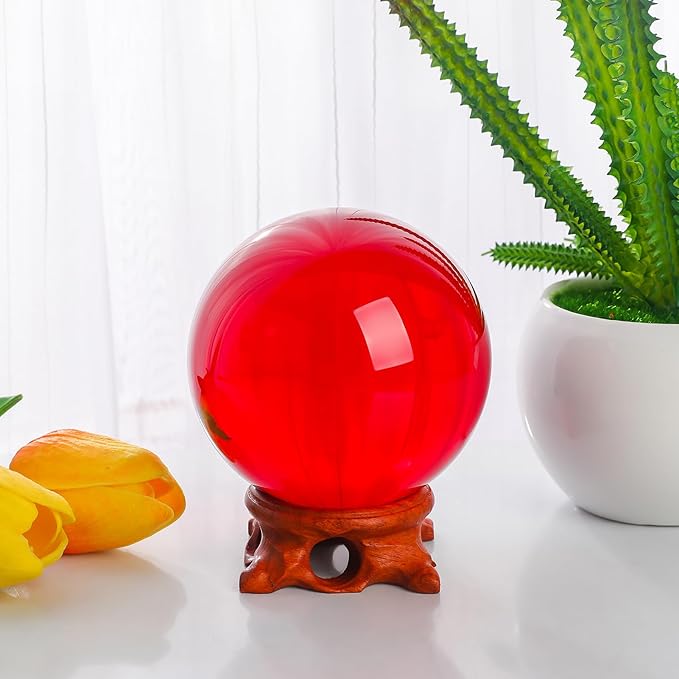 Red Crystal Ball 100mm/3.9 inch with Rose Wooden Stand and Gift Box for lensball Photography,Fortune Teller,Feng Shui, Witchcraft Decor,Scrying,Magic,Quartz Crystal Orb Prop Decorative Glass Sphere