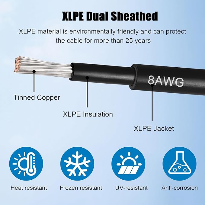 8 AWG Solar Cable 10FT Red + 10FT Black Tinned Copper Wire, 8 Gauge Solar Panel Wire for RV, Automotive, Trailer, Marine, Outdoors