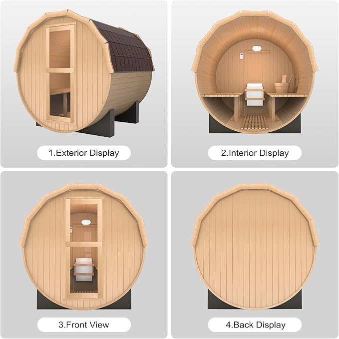 Outdoor Barrel Steam Sauna, 3 Person Wood Sauna Room with 4.5kw Harvia Electric Heater with Sauna Stone, Canadian Helmock Wooden Sauna, Sauna Accessories and Asphalt Shingle Roof (Helmock)