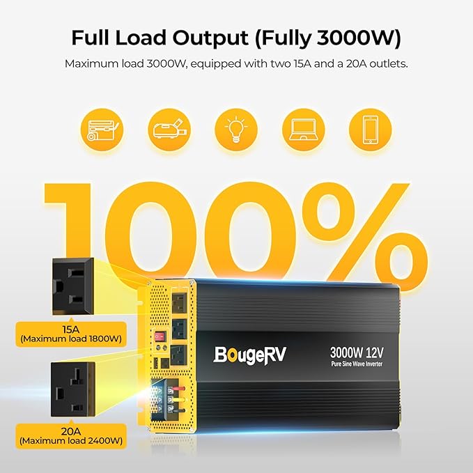 BougeRV 3000W Pure Sine Wave Inverter, Convert 12V DC to 120V/110V AC, Fully 3000W Output, Built-in BT for BougeRV APP, Wired Remote Controller, Off-Grid Solar System, RV, Home Backup Power