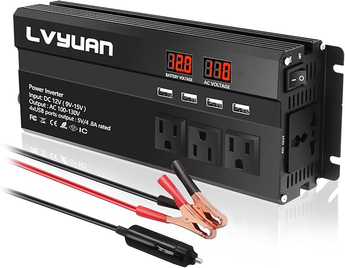 Yinleader Power Inverter 1000Watts Inverter 12V DC to 110V AC Car Converter w/Display 4 AC Outlets 4 USB Port and Cigarette Lighter for Vehicles Laptop Emergency,conversor 12v a 110 carro Inversor