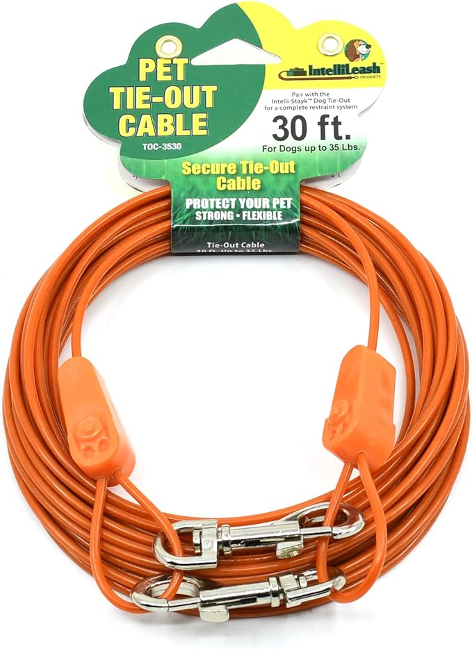 30FT Tie-Out Cables for Dogs - Strong, Safe, and Durable Dog Tie-Outs for Small Dogs up to 35 Pounds - Weather and Wear Resistant Galvanized Aircraft Cable for Outside Use