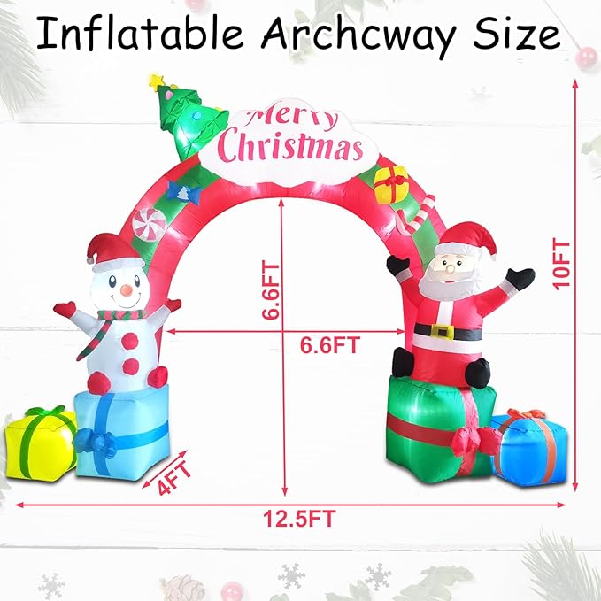12.5FT Christmas Inflatables Archway, Inflatable Santa Claus and Snowman Sitting on Gift Boxes, Christmas Arch Blow Up Yard Decorations and LED Lights Built-in for Party Indoor, Outside, Garden, Lawn