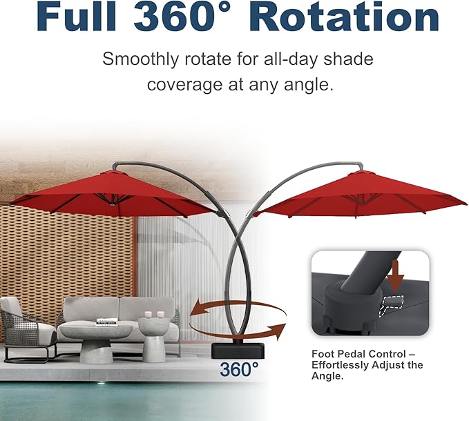 11FT Cantilever Umbrella with Base Large Curvy Outdoor Aluminum Offset Umbrella w/ 360° Rotation, UV Resistant Canopy for Patio, Garden, Backyard, Red