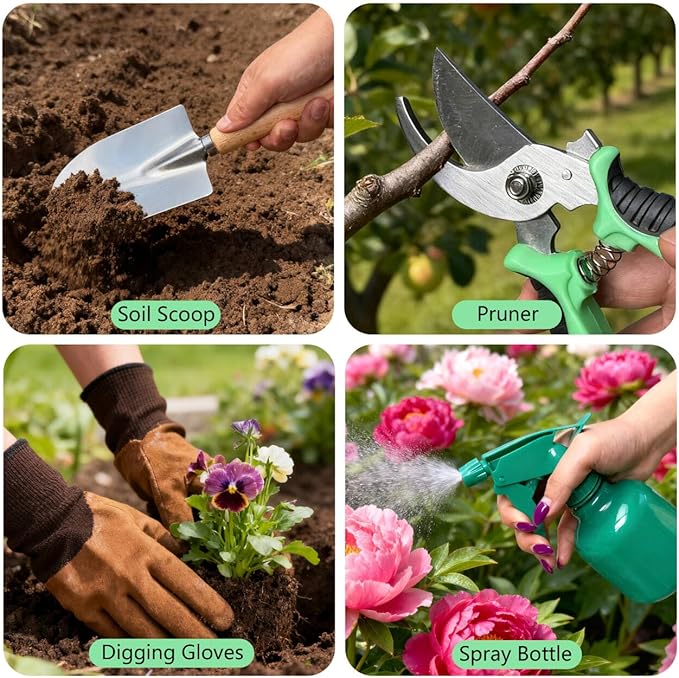 10-Piece Premium Gardening Tools Set-Duty Stainless Steel Rust-Proof Tools with Storage Tote,Perfect Gardening Gifts,Gardening Supplies Set with Hygrometer Suitable for Both Men and Women(Pink)