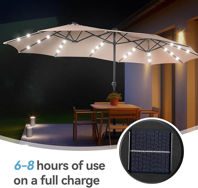 GREEN PARTY 15 ft Rectangle Patio Umbrella with Solar Lights and Base Included, Double-Sided Market Table Umbrella with Crank, Large Outdoor Umbrellas for Patio Poolside Garden Backyard, Beige