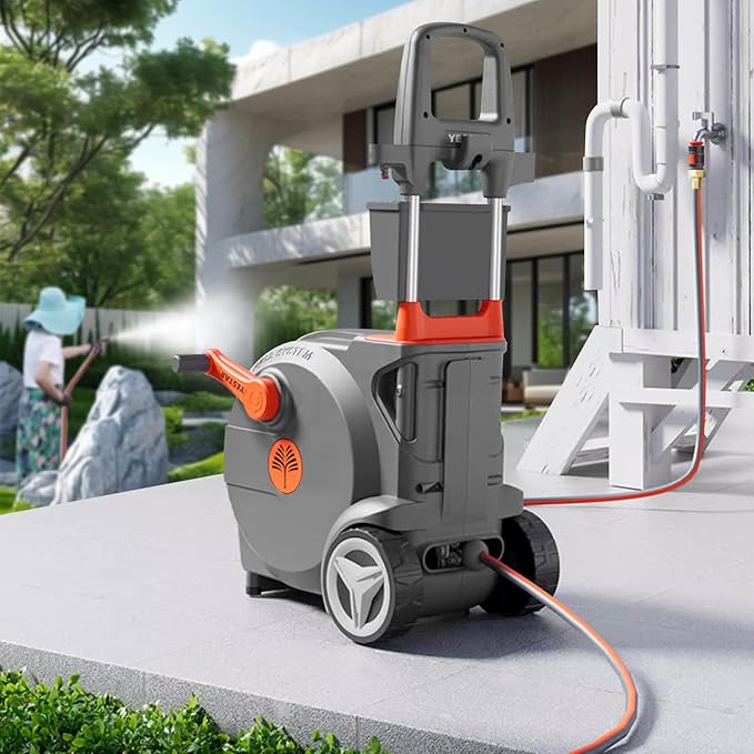 Hand-Crank Garden Hose Reel 5/8" x 100ft, Heavy Duty Garden Water Hose Reel, Removable, Any Length Lock, Hand Crank Effortless Rewind System, 4-Pattern Nozzle