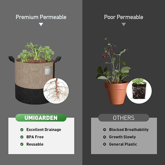 UMIG 12 Pack 20 Gallon Grow Bags, 300G Thick Non-Woven Fabric Cloth Smart Planter Pots with Handles, Black Camel Large Outdoor Garden Bags for Plants, Vegetable, Flowers