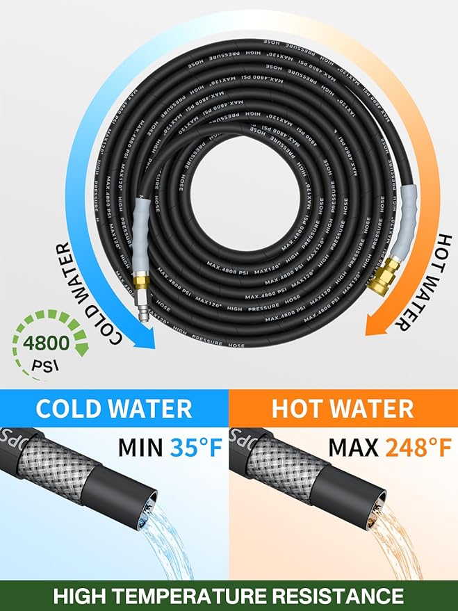 3/8" 4800PSI Pressure Washer Hose 50FT with Swivel Quick Connect for Cold/Hot Water Max 248°F, Kink Resistant Steel Wire Braided, Wear Resistant Power Washer Hose with M22 14mm Adapter