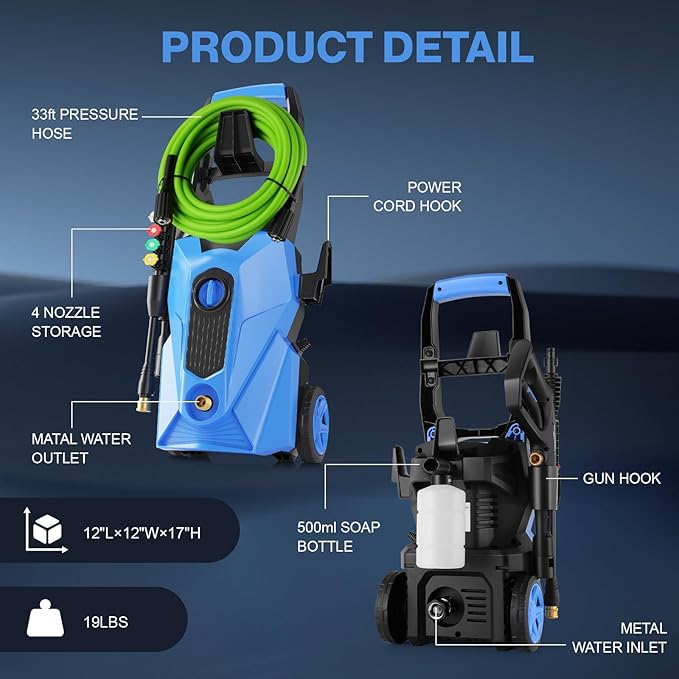 2025 New 5000PSI Pressure Cleaner, Power Cleaner with 33FT Resistant Extension Hose and 4 Nozzles, Compatible with Undercarriage Cleaners, Professional Powerwashers for Home/Car(Blue)