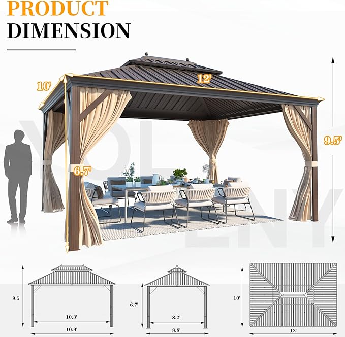 YOLENY 10' x 12' Hardtop Gazebo with Double Galvanized Steel Roof, Pergolas Aluminum Frame, Curtains and Netting Included, Metal Outdoor Gazebos for Patios, Garden, Lawns, Parties