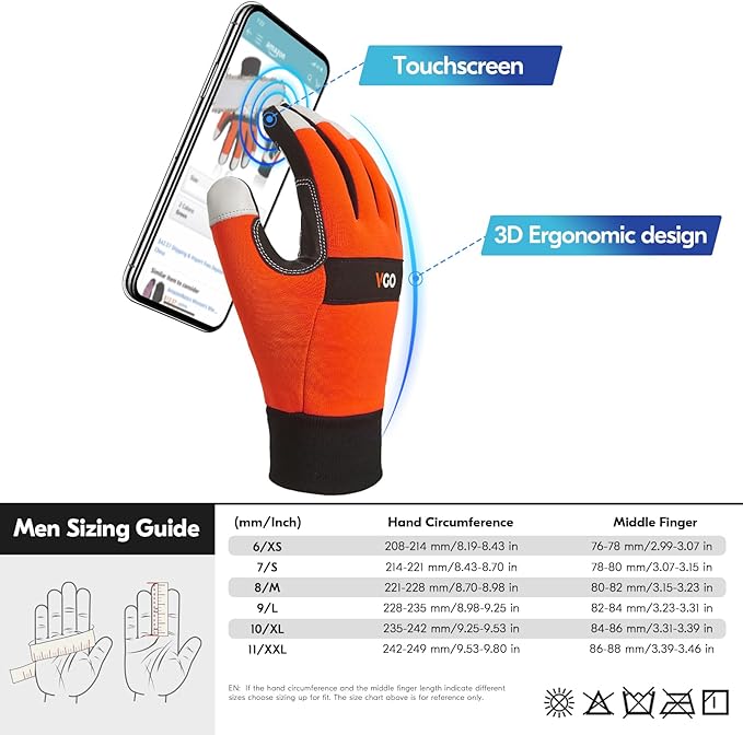 Vgo... 1Pair Chainsaw Gloves, 12-Layer Chainsaw Protection on Left Hand Back,Goat leather Work Gloves, Mechanic Gloves