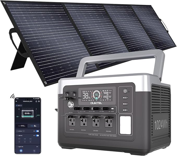 OUKITEL P1000 Plus 1800W/1024Wh Power Station with 400W Solar Panel, 1200W Fast Charging, Solar Generator with 4 AC Outlets (3600W Peak), APP Control Battery Backup for Home, Camping & RVs
