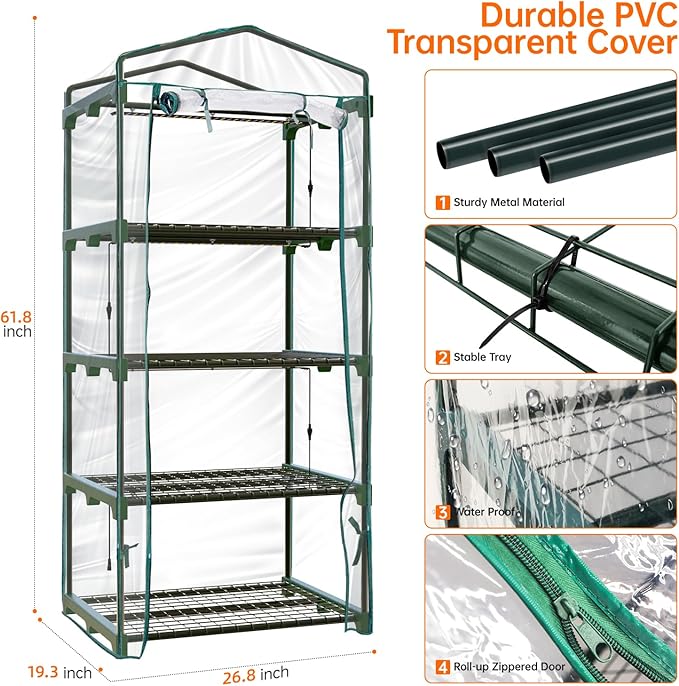 Bstrip Indoor Greenhouse with Grow Lights, 4 Tier 27.2" L×19.9" W×61.8" H Mini Greenhouse with Zippered PVC Cover for Seed Starting Trays, Dimmable 2FT 60W Plant Light for Indoor Plants with Timer