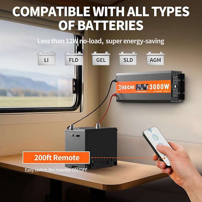 3000 Watt Power Inverter Car/Home 12V DC to 110V/120V AC Converter with 2 AC Outlets, USB & Type-C Port Car Inverter Peak Power 6000W for RV,Truck,Off-Grid Solar System with Remote Controller-Orange