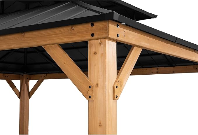 SUNJOY 13 x 15 ft. Wood Gazebo Cedar Framed Gazebos with Black Double Steel Hardtop Roof for Garden,Backyard Shade, Matte Black Roof + Natural Wood Frame