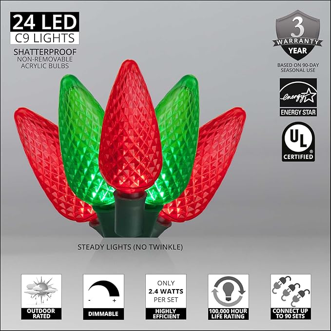 C9 Red and Green Christmas Lights Set of 24, 16.3 Ft, LED String Lights C9 Christmas Lights Red-Green Indoor-Outdoor LED Christmas Lights, IOS-4-24