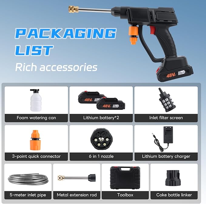 Cordless Pressure Washer, 900PSI Battery Powered with Foam Cannon, 6-in-1 Nozzle, Portable Power Washer for Car, Patio, Home & Garden Cleaning