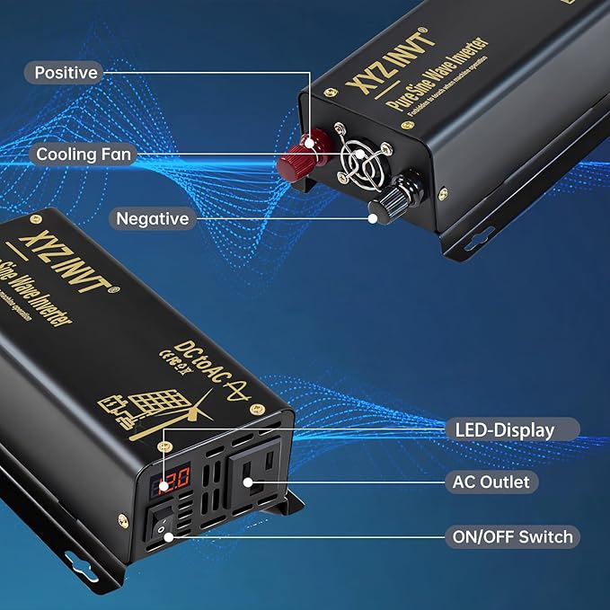 300W Pure Sine Wave Inverter DC 12V to AC 110V 120V Power Converter 600W Peak with LED Display for Most Small Power Appliances