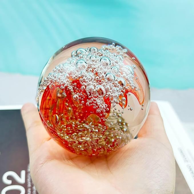 Decorative Crystal Ball Figurines Ocean Waves Paperweight Blown Glass Decor Sea Art Ocean Lovers Gift Red 3.15"