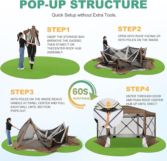 COBIZI 12x12 pop up Gazebo on Clearance Screen Tent for Camping,Scalable Sesign Outdoor Canopy Tent with Extension Support Poles & sidewalls,with Portable Carrying Bag and Ground Stakes,Brown