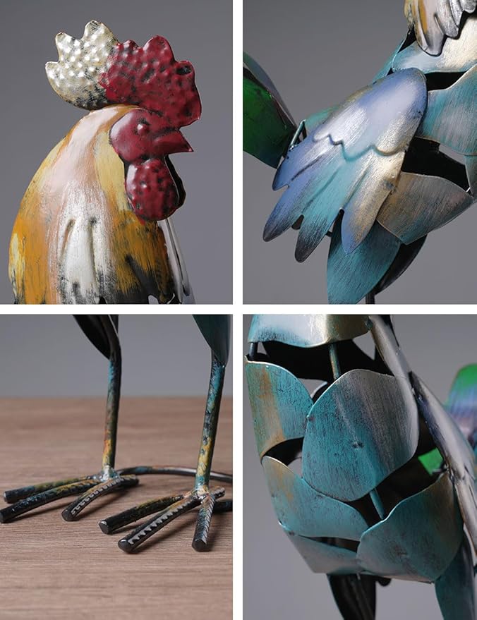 HAUCOZE Rooster Decor Statue Chicken Figurine Sculpture Animal Arts Metal 15.5 inch