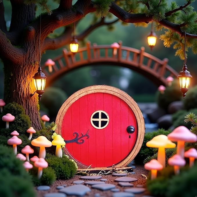 Red Fairy Garden Door for Trees, Outdoor Mini Garden Sculpture Ornament, Tree Trunk Fairytales Door Decoration