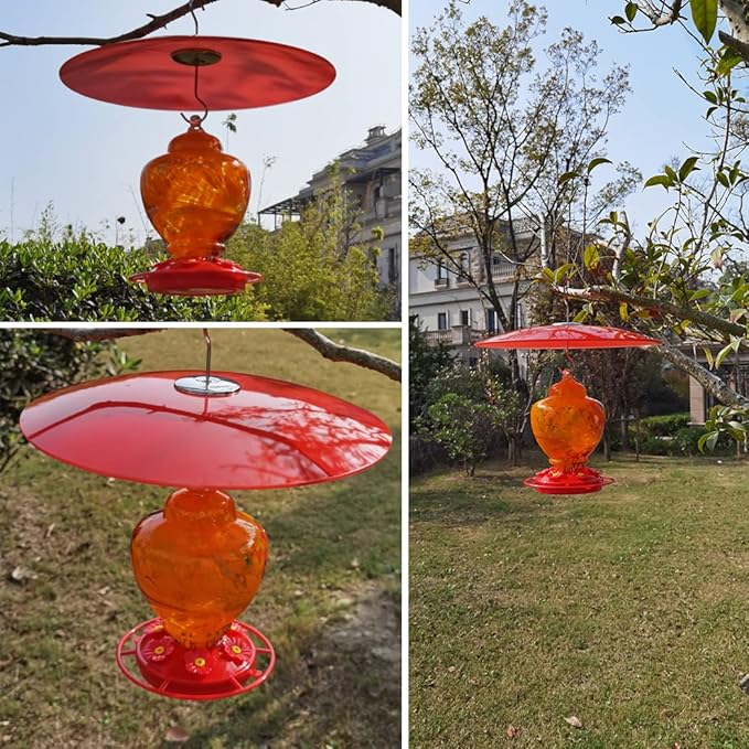 13" Glass Rain Guard for Bird Feeder Outdoors - Baffle on Shepherd Pole or S Hook Hanging - Large Weather Guard Protective Dome - Red (Dia. 33CM)