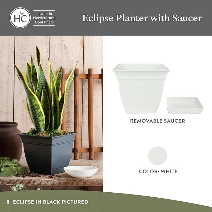 The HC Companies 10 Inch Eclipse Square Planter with Saucer – Indoor Outdoor Plant Pot for Flowers Vegetables Herbs, White