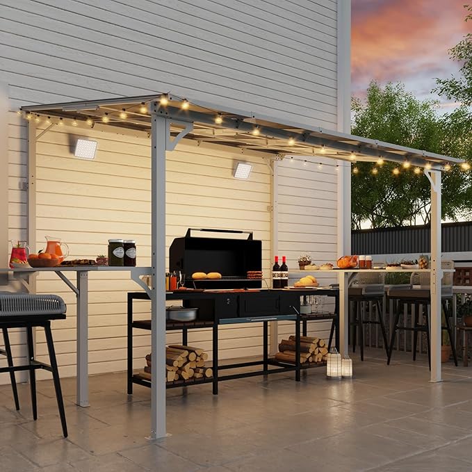 MEISSALIVVE 8' x 10' Wall Mounted Gazebo, Outdoor BBQ Grill Gazebo with Side Shelf, Lean to Metal Awnings with Sloped Roof, Heavy Duty Pergola for Backyard, Deck, White