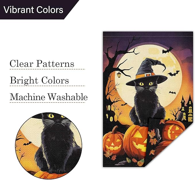 Louise Maelys Halloween Garden Flag Black Cat Witch Hat Pumpkin 28x40 Inch Double Sided Boo Moon Holiday Seasonal Fall Autumn Large Burlap Yard Sign Outside Outdoor House Decoration