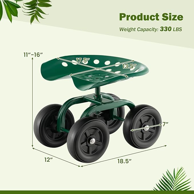 Rolling Garden Seat, Garden Cart with 360° Swivel Work Seat & Adjustable Height, Heavy Duty Garden Seat with Wheels for Lawn Yard Patio Greenhouse Planting Cleaning (Green)