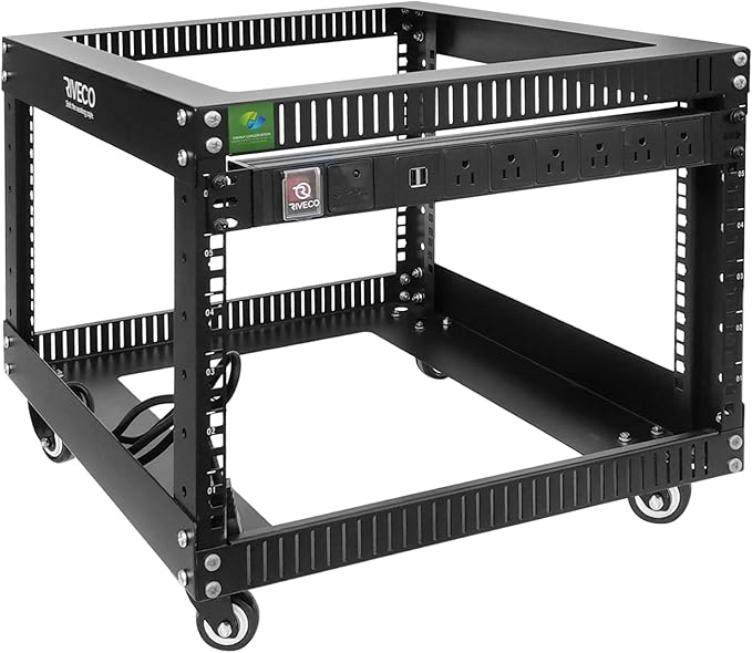 RIVECO 6U Server Rack with Wheels Open Frame Networking Rack+ PDU 8 Outlets Set Black