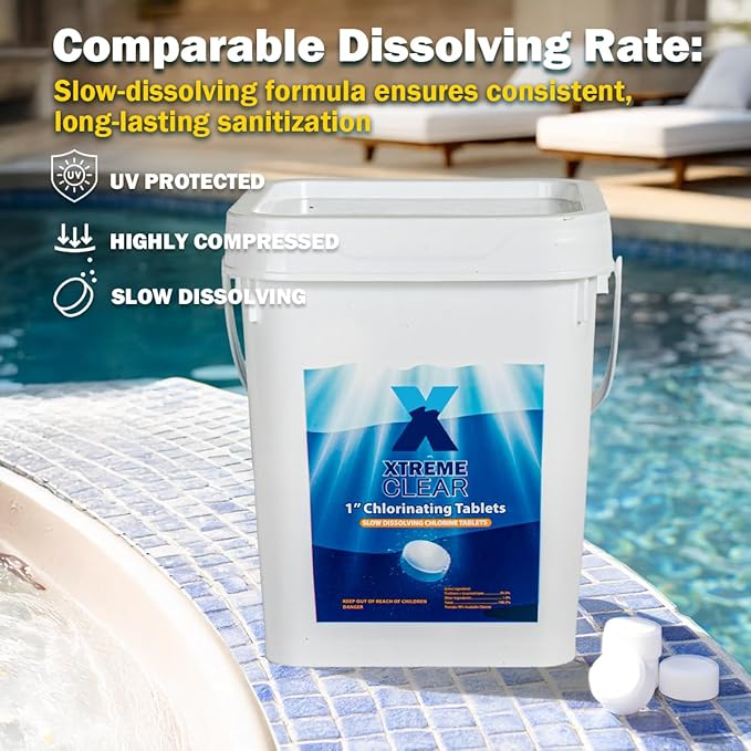 XtremeClear 1" Chlorine Tabs Swimming Pool Hot Tub & Spa Eliminate Bacteria & Algae Sanitizer Makes Water Clean & Crystal Clear Slow Dissolving 5lbs