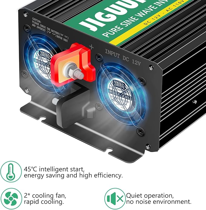 JIGUUN Power Inverter 2000 Watt, DC 12V to AC 120V Pure Sine Wave Inverter with LCD Display, 4 AC Outlets&USB Output, Power Converter with Remote Control for RV Emergency Camping. (PRO2000W-12)