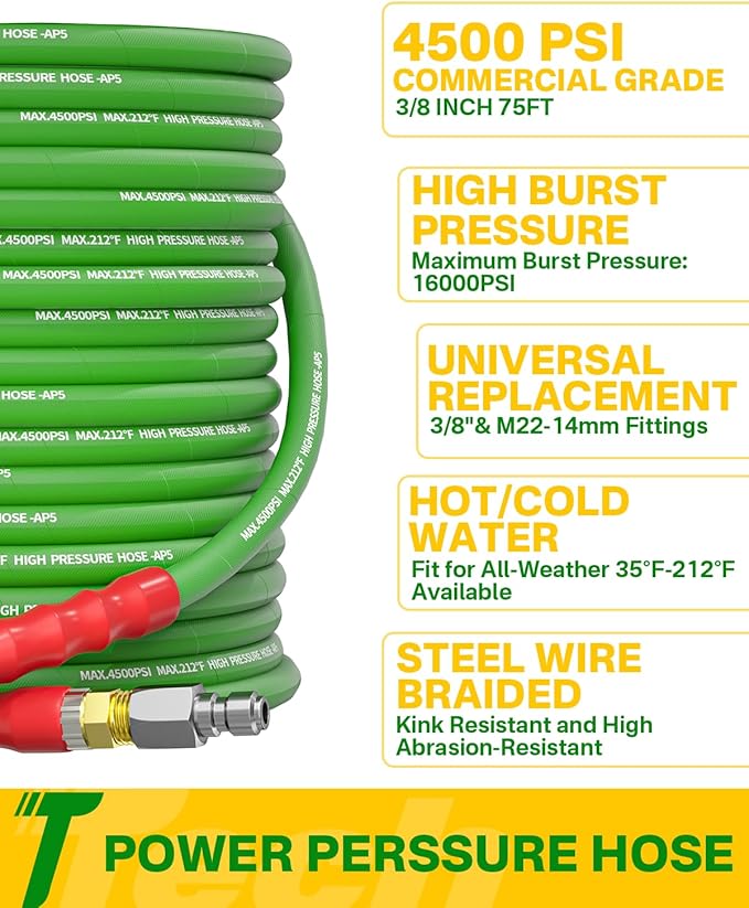 Pressure Washer Hose 75FT 3/8" for Cold and Hot Water 212°F, with Swivel Quick Connect, 4500PSI Kink Resistant Grade Steel Wire Braided, Power Washer Hose With 2pcs M22-14mm Adapter