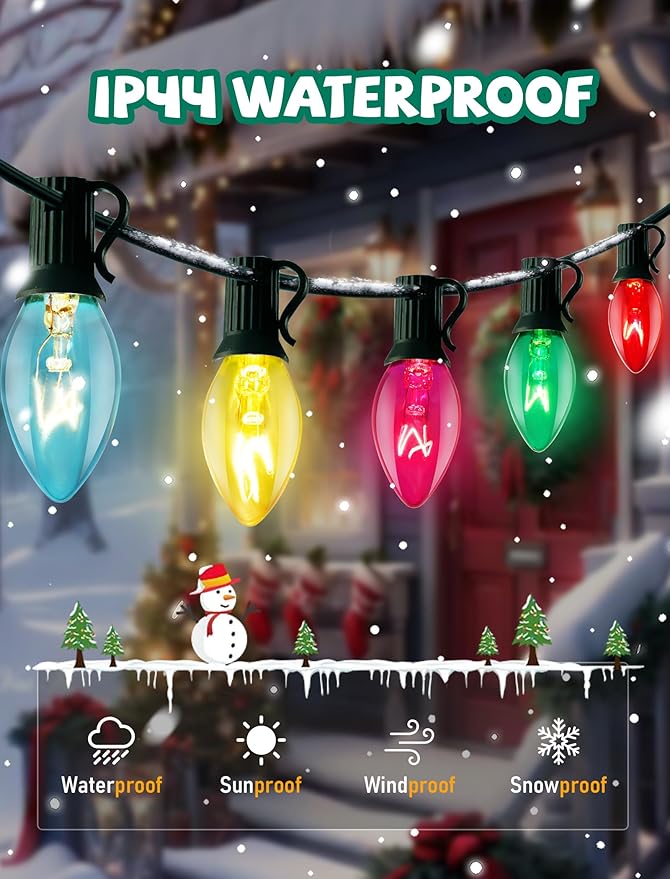 C7 Christmas Lights Outdoor, 25Ft Vintage Christmas String Lights with 27 Multicolor Clear Bulbs, Hanging Christmas Decorations Lights for Roofline House Garden Patio Backyard Party-Green