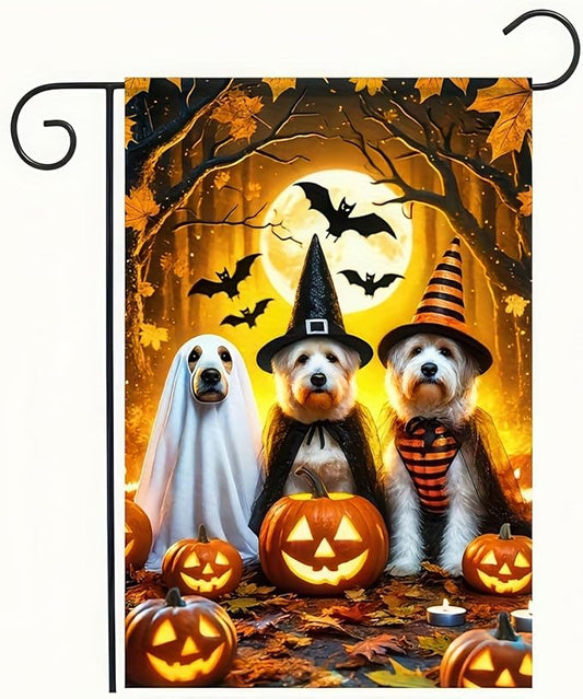 Halloween Ghost Dog Garden Flag Scary Pumpkin Cute Dogs Trio in Witch and Ghost Garden Flag Vertical Double Sided 12x18 Inch Welcome Yard Flag for Halloween Farmhouse Holiday Yard Outdoor