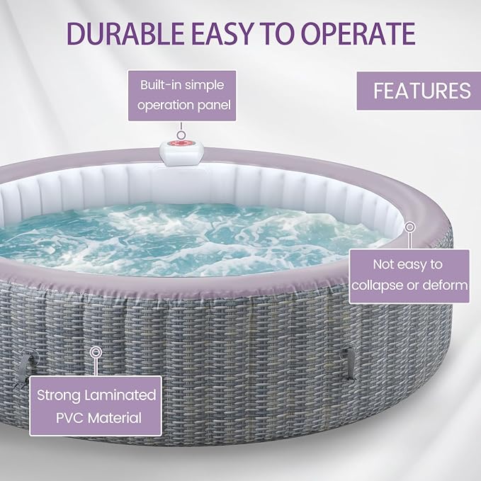 82" Inflatable Hot Tub for 4-6 People, Portable Outdoor Spa with 130 Soothing Bubble Jets, Smart Control Panel, with Insulated Cover, 6 Filters, PE Floor Mat, 110-120V Input (Round)