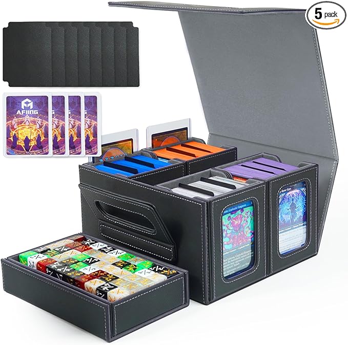 AFIING Commander Deck Box for MTG/EDH, Fits 400+ Double-Sleeved Cards, with Display Window, 4 Removable Deck Cases, Dividers, Dice Tray & Handle, Card Holders for TCG (Black Grey)