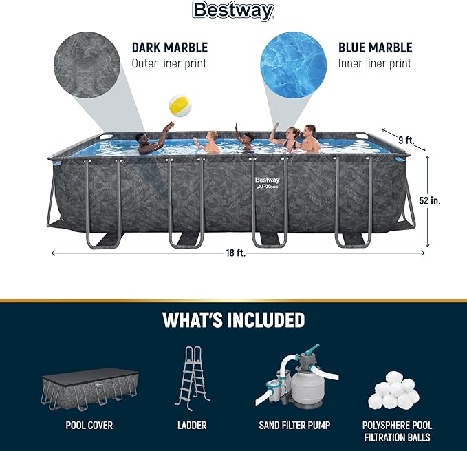 Bestway APX 365 18' x 9' x 52" Rectangular Above Ground Swimming Pool Outdoor Backyard Framed Pool Set with Sand Filter Pump, Ladder, and Cover, Gray