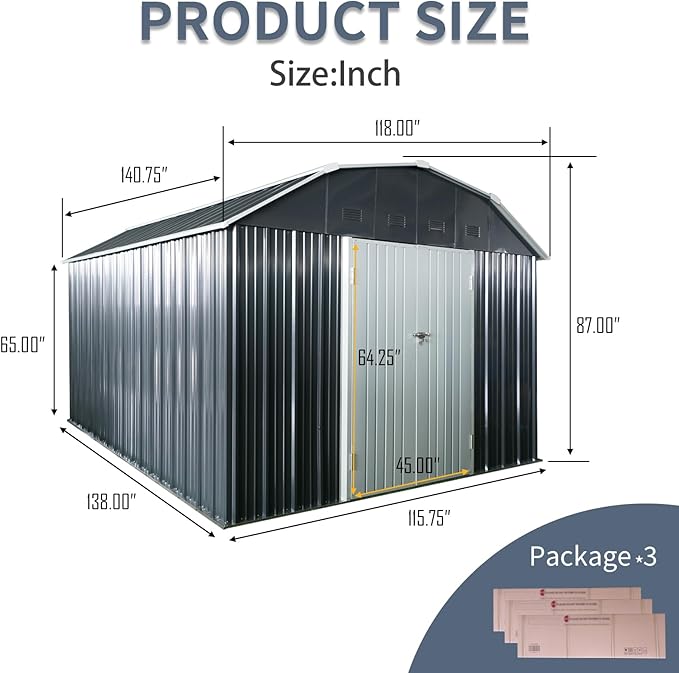 Ball & Cast 10x12FT Outdoor Storage Shed,Large Metal Tool Sheds with Locking Double Doors,Garden Tool House W/Arch Roof & Ventilation Slots,for Backyard Garden Patio Lawn,Black