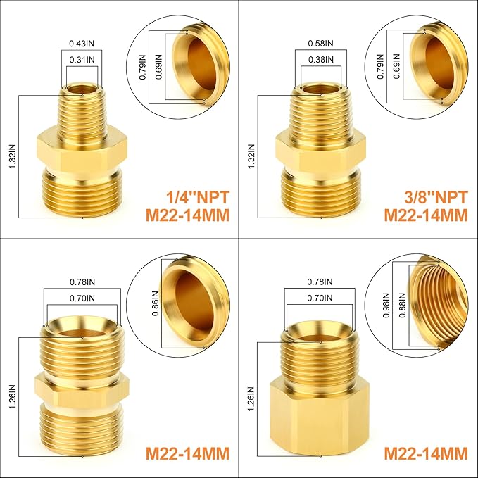 GASHER 4Pcs Brass M22 Pressure Washer Fitting Kit Used To Connect with Power Washer Guns,Hoses Pumps