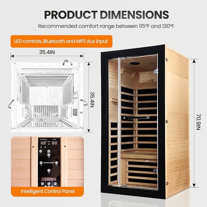 Sauna Indoor Far Infrared Saunas Home 1 Person Canadian Hemlock 1450W Low-EMF Dry Spa Sauna with Oxygen Bar, 7 Color Therapy, 7 Heating Plates, Intelligent Control Panel, Speakers (33.5*33.5*69 IN)