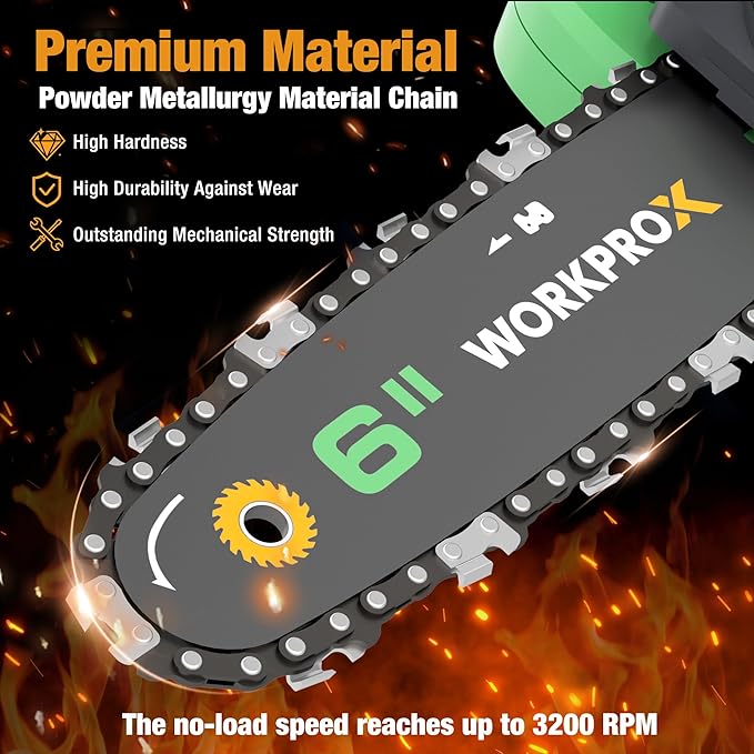 WORKPROX Mini Chainsaw Cordless, 6 inch Handheld Electric Chain Saw with Type-C Fast Charging Battery 20V 2.0Ah, Pruning Saw for Tree Branches, Wood Cutting, Garden Gifts for Men Women