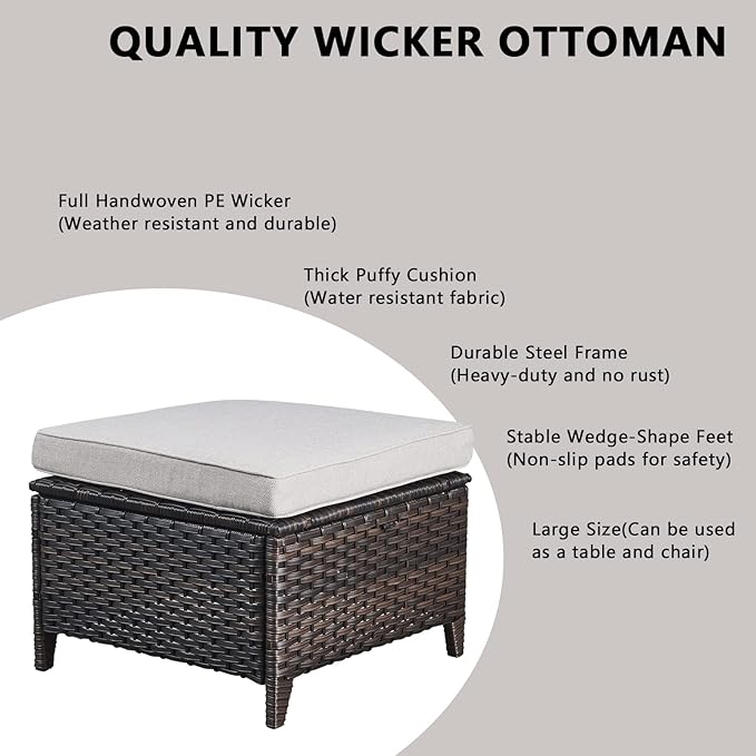 Rilyson Wicker Outdoor Patio Furniture Set - 5 Piece Patio Conversation Sets with Swivel Rocker Chairs, Ottomans and Sofa, 6 inch Cushions, Waterproof Wicker, for Porch Deck Brown/Beige